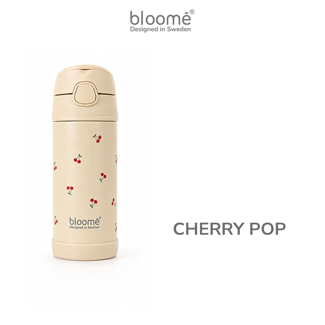 BLOOME - Stainless Pattern Straw Cup SUS304 - Botol Minum Anak Anti Tumpah, Ringan & Tutup Aman (Cherry Pop / Dino Roar)