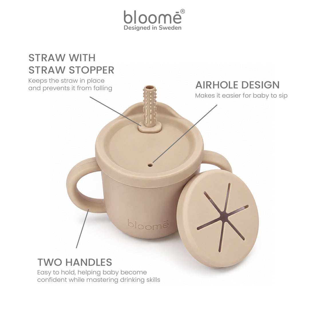 BLOOME – 4-in-1 Silicone Cup For Baby Toddler And Kids | Gelas Silikon Bayi Sedotan Snack Sippy Straw Cup Multifungsi Premium