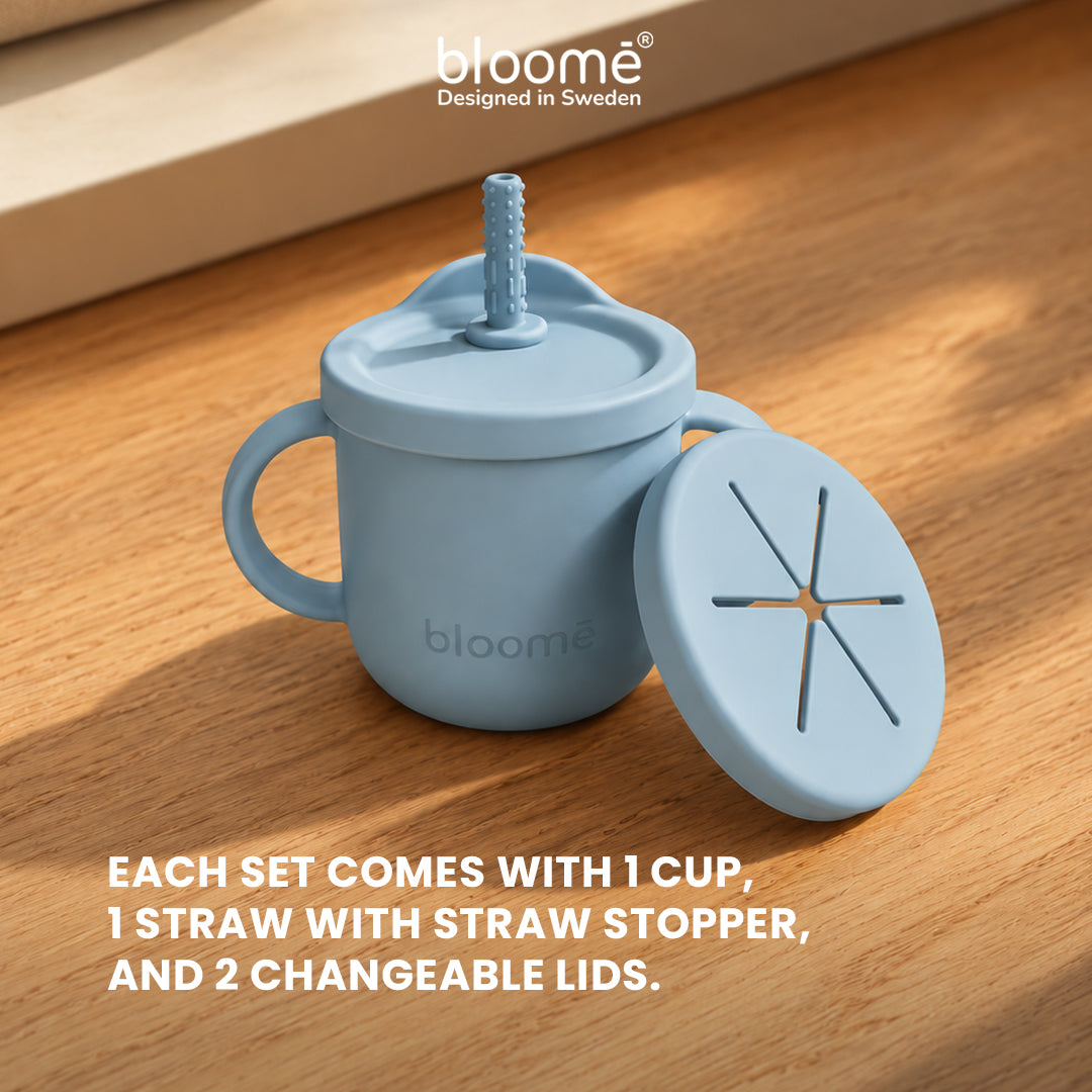 BLOOME – 4-in-1 Silicone Cup For Baby Toddler And Kids | Gelas Silikon Bayi Sedotan Snack Sippy Straw Cup Multifungsi Premium
