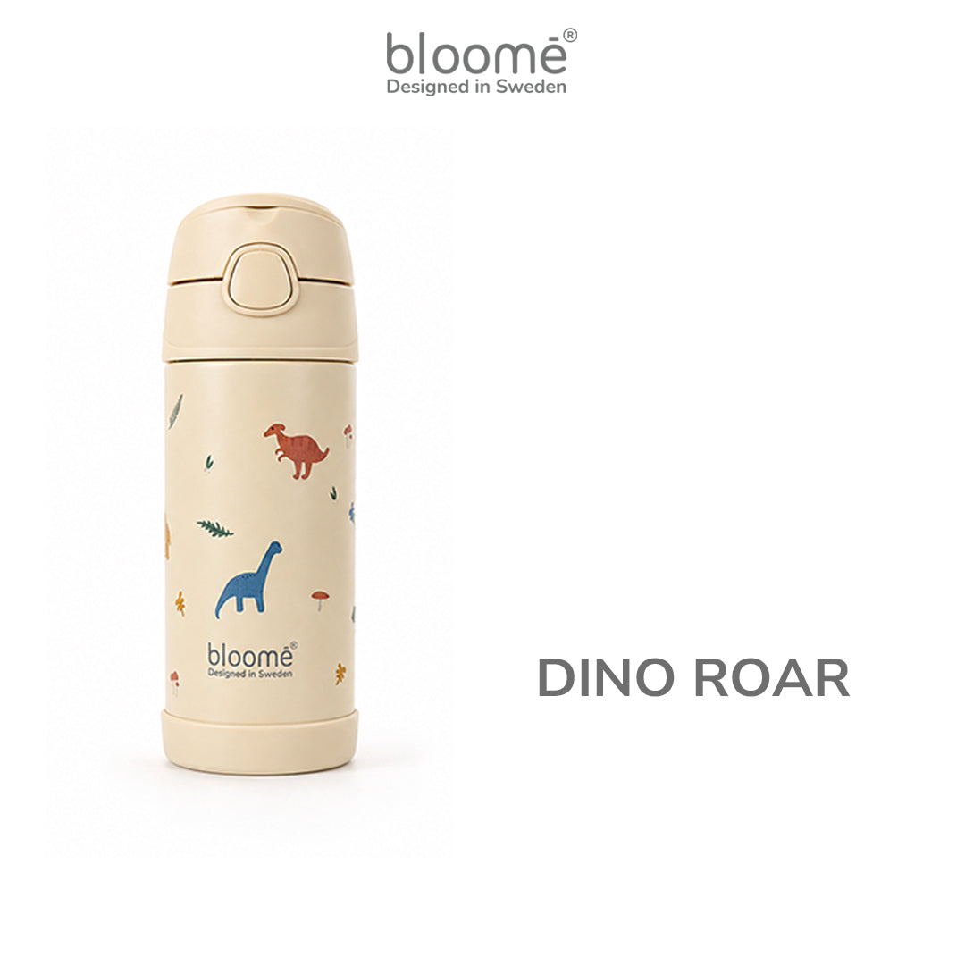 BLOOME - Stainless Pattern Straw Cup SUS304 - Botol Minum Anak Anti Tumpah, Ringan & Tutup Aman (Cherry Pop / Dino Roar)