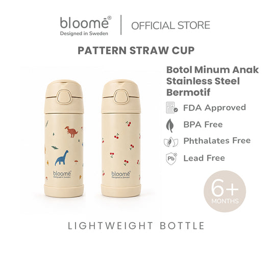 BLOOME - Stainless Pattern Straw Cup SUS304 - Botol Minum Anak Anti Tumpah, Ringan & Tutup Aman (Cherry Pop / Dino Roar)