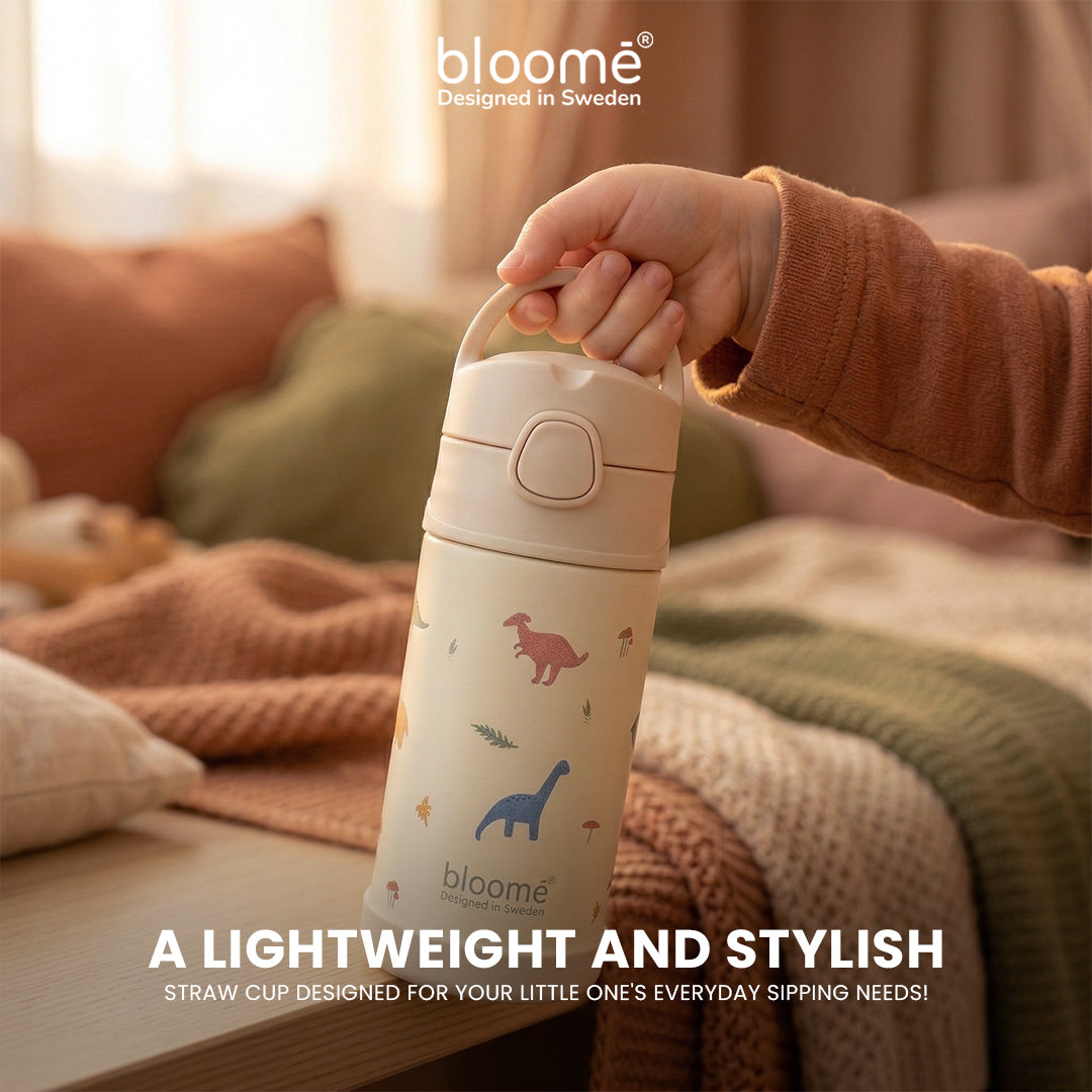BLOOME - Stainless Pattern Straw Cup SUS304 - Botol Minum Anak Anti Tumpah, Ringan & Tutup Aman (Cherry Pop / Dino Roar)