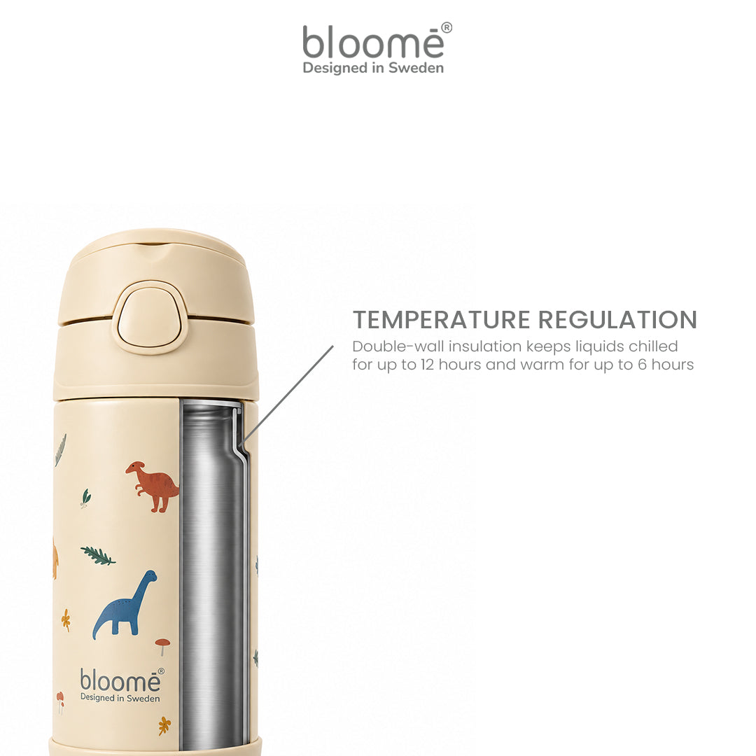 BLOOME - Stainless Pattern Straw Cup SUS304 - Botol Minum Anak Anti Tumpah, Ringan & Tutup Aman (Cherry Pop / Dino Roar)