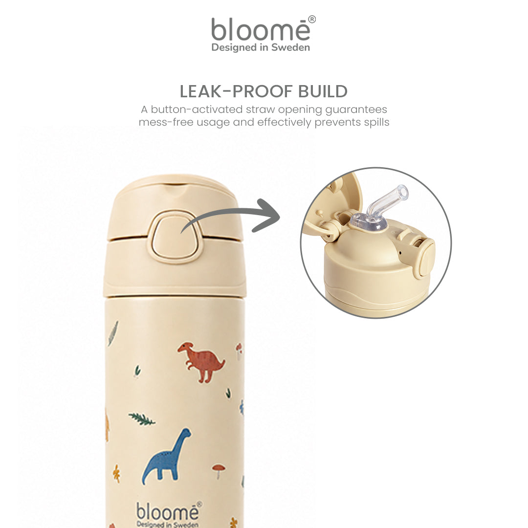 BLOOME - Stainless Pattern Straw Cup SUS304 - Botol Minum Anak Anti Tumpah, Ringan & Tutup Aman (Cherry Pop / Dino Roar)