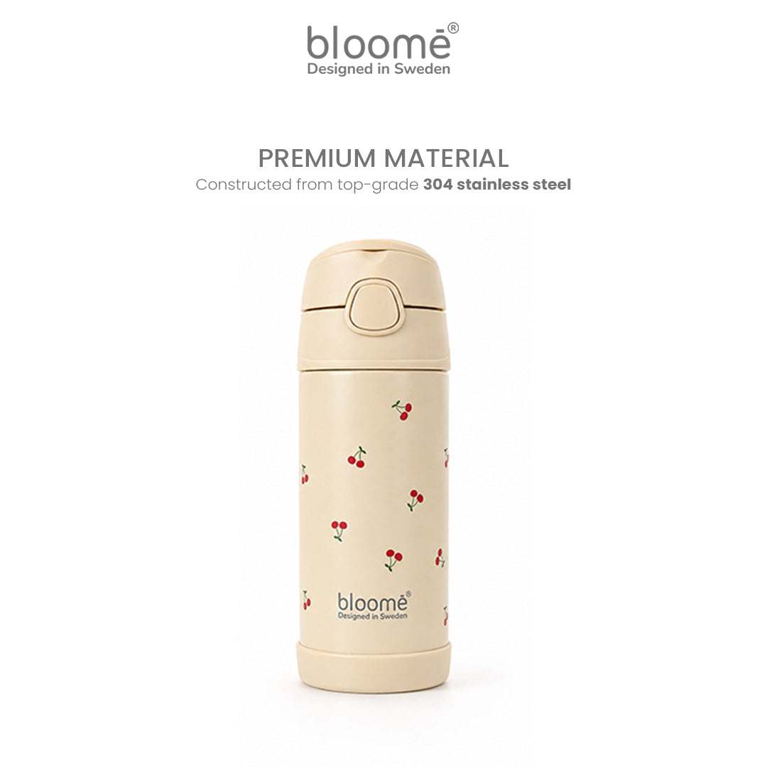 BLOOME - Stainless Pattern Straw Cup SUS304 - Botol Minum Anak Anti Tumpah, Ringan & Tutup Aman (Cherry Pop / Dino Roar)