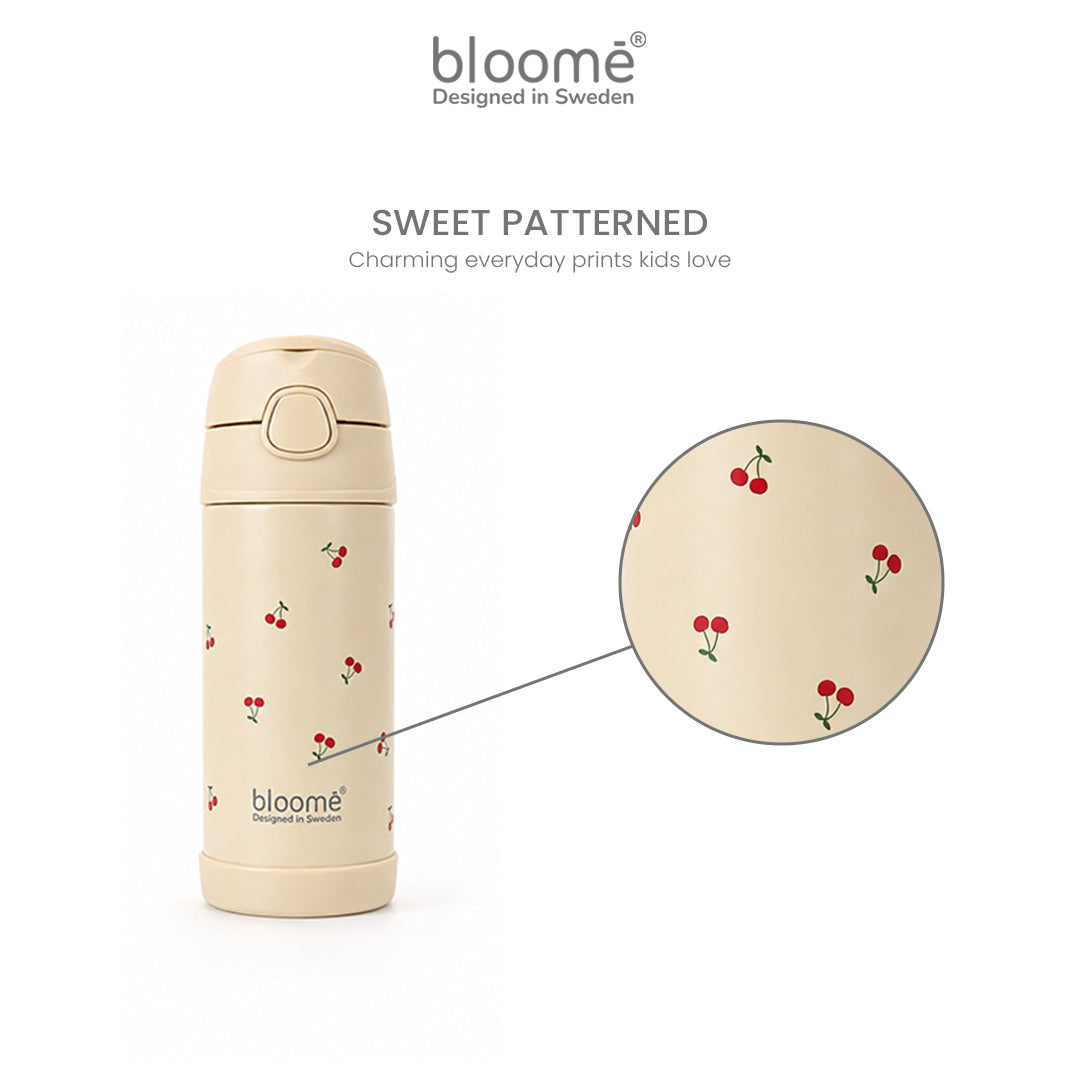 BLOOME - Stainless Pattern Straw Cup SUS304 - Botol Minum Anak Anti Tumpah, Ringan & Tutup Aman (Cherry Pop / Dino Roar)