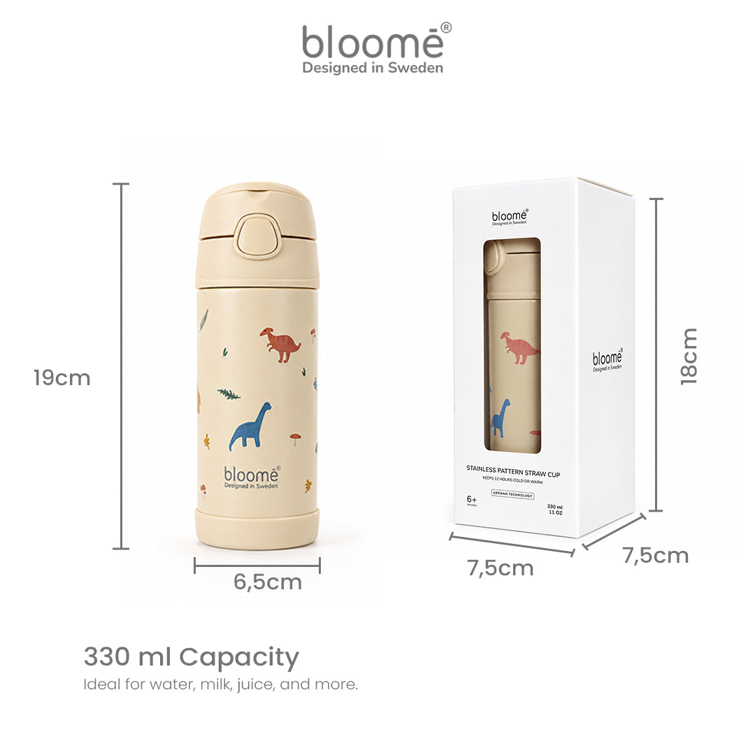 BLOOME - Stainless Pattern Straw Cup SUS304 - Botol Minum Anak Anti Tumpah, Ringan & Tutup Aman (Cherry Pop / Dino Roar)