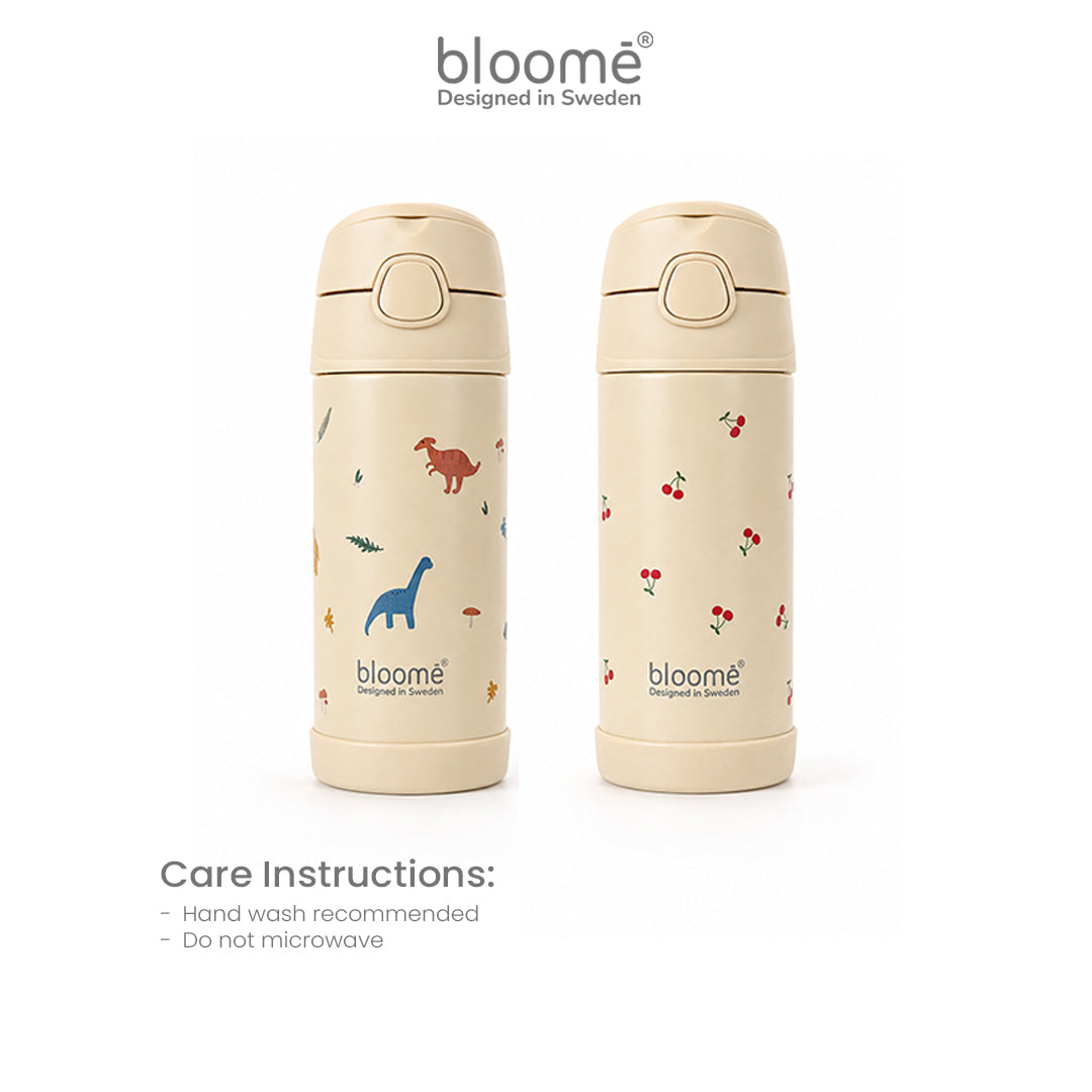 BLOOME - Stainless Pattern Straw Cup SUS304 - Botol Minum Anak Anti Tumpah, Ringan & Tutup Aman (Cherry Pop / Dino Roar)